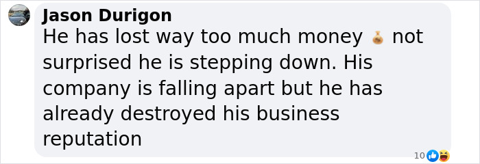 Comment discussing Elon Musk stepping down from DOGE due to financial losses and business reputation issues.