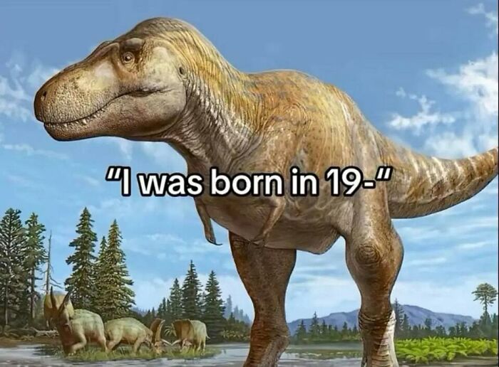Dinosaur in a humorous meme captioned “I was born in 19-,” blending prehistoric imagery with funny meme text.