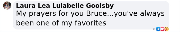 Comment sending prayers to Bruce Willis amid dementia diagnosis. Comment sending prayers to Bruce Willis amid dementia diagnosis.