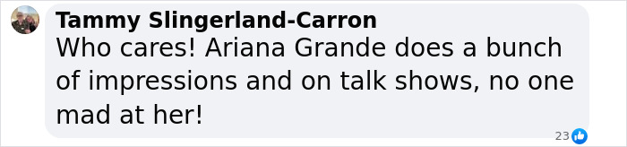 Comment about impressions, mentioning Ariana Grande on talk shows, with a mixed reaction emoji.
