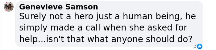 Comment by Genevieve Samson on a "hero" delivery driver saving a woman after her subtle plea.