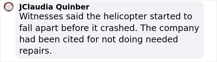 Text message discussing helicopter crash and lack of repairs as possible cause.