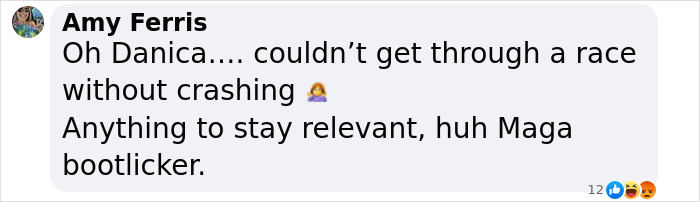 Amy Ferris comments on Danica Patrick's remarks related to the Snow White controversy, calling her a "Maga bootlicker.