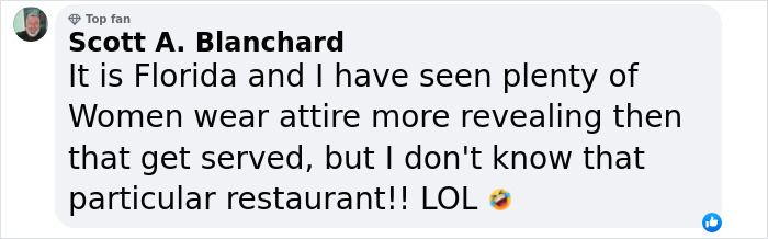 Comment discussing revealing attire at restaurants, referencing a woman's lawsuit.