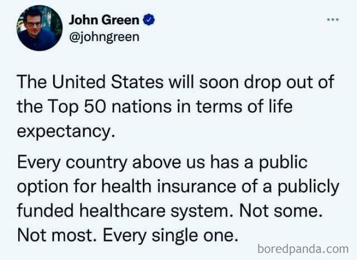 Text highlights criticism of capitalism and healthcare, stating the U.S. lacks public options available in other countries.