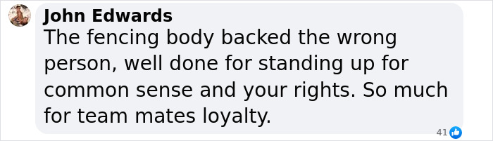 Comment supporting female athlete disqualified for refusing trans opponent. Comment supporting female athlete disqualified for refusing trans opponent.