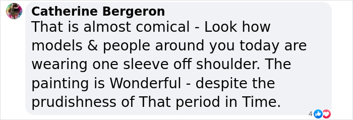 Facebook comment by Catherine Bergeron discussing a scandalous painting's historical prudishness.