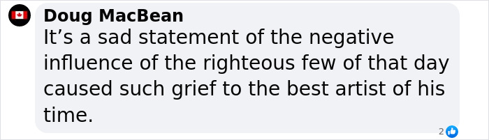 Comment by Doug MacBean on the controversial impact of righteous views on artists in a discussion about a scandalous painting.
