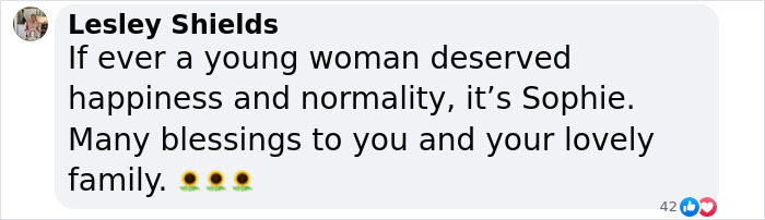 Comment praising miracle burns survivor Sophie, with blessings emojis.
