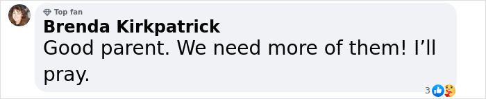 Comment by Brenda Kirkpatrick praising parenting, with likes and reactions shown. Comment by Brenda Kirkpatrick praising parenting, with likes and reactions shown.