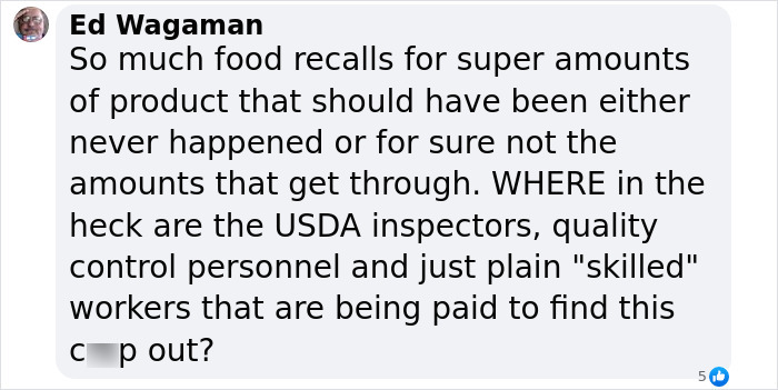 Comment criticizing food recalls, questioning USDA and quality control over hard plastic found in cheddar bratwursts.