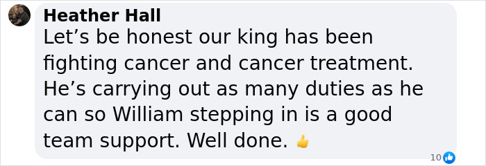 Comment about Prince William attending an event in place of King Charles, mentioning teamwork and duties.