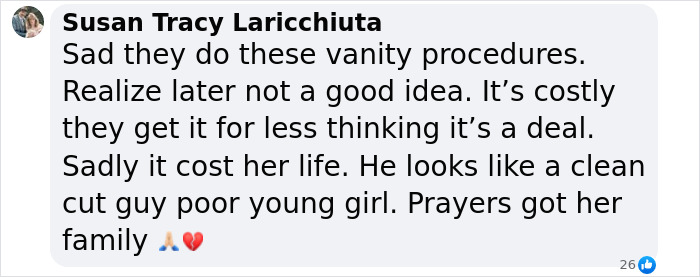 Comment discussing dangers of vanity surgeries and a young mom losing life after BBL implants removed at home.