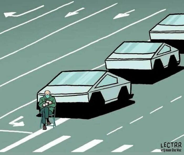 Illustration of a person sitting on the road blocking futuristic cars as a critique of capitalism.