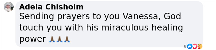 Social media message offering prayers for Vanessa, a woman affected by a mysterious illness.