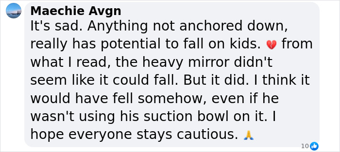 Comment on tragic mirror accident stressing need for caution by parenting influencer.