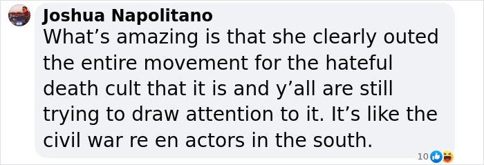 Screenshot of a social media comment discussing a controversial movement, referencing a death cult and civil war reenactors.