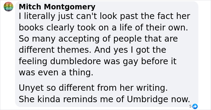 Text message discussing views on book themes diverging from author's views.