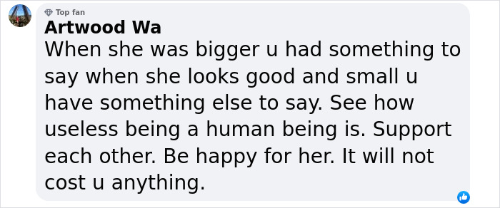 Facebook comment supporting Lizzo's weight loss journey and self-acceptance. Facebook comment supporting Lizzo's weight loss journey and self-acceptance.
