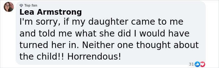 Comment by Lea Armstrong condemning mother's actions, emphasizing neglect of child.