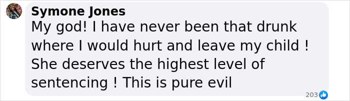 Drunk mom's actions criticized in a message expressing disbelief and anger at leaving child in danger.