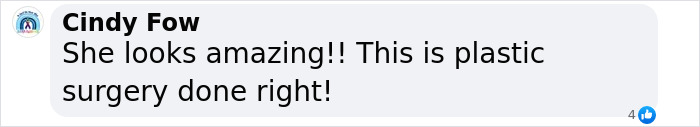 Comment praising successful plastic surgery transformation. Comment praising successful plastic surgery transformation.