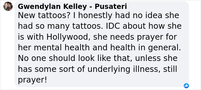 Comment discussing Ariana Grande's tattoos and mental health.