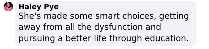 Text comment by Haley Pye about Honey Boo Boo's life choices and education.