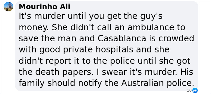 Comment discussing unresolved burial location related to a man's death while on vacation with wife.