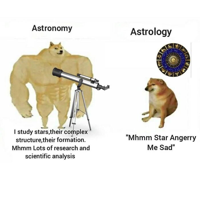 Strong doge with telescope labeled "Astronomy" vs. smaller doge with zodiac sign for "Astrology". Funny physics meme.