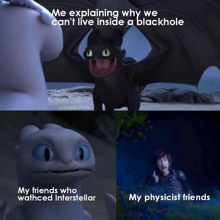 Animated meme about physics featuring dragons and characters humorously discussing living inside a black hole.