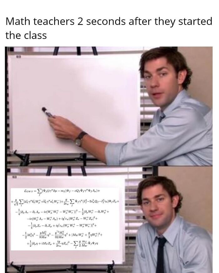 Man in blue shirt humorously illustrating complex physics equations on a whiteboard.