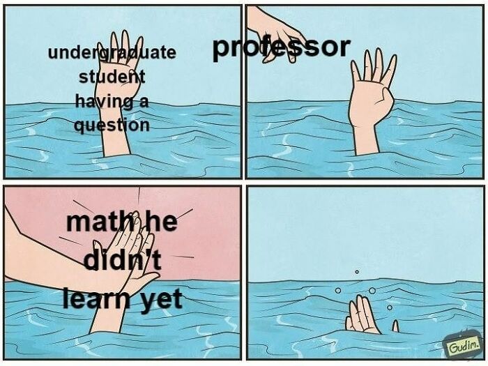 Undergraduate student in water seeks help; professor provides with unseen math, humorously depicting physics struggles.