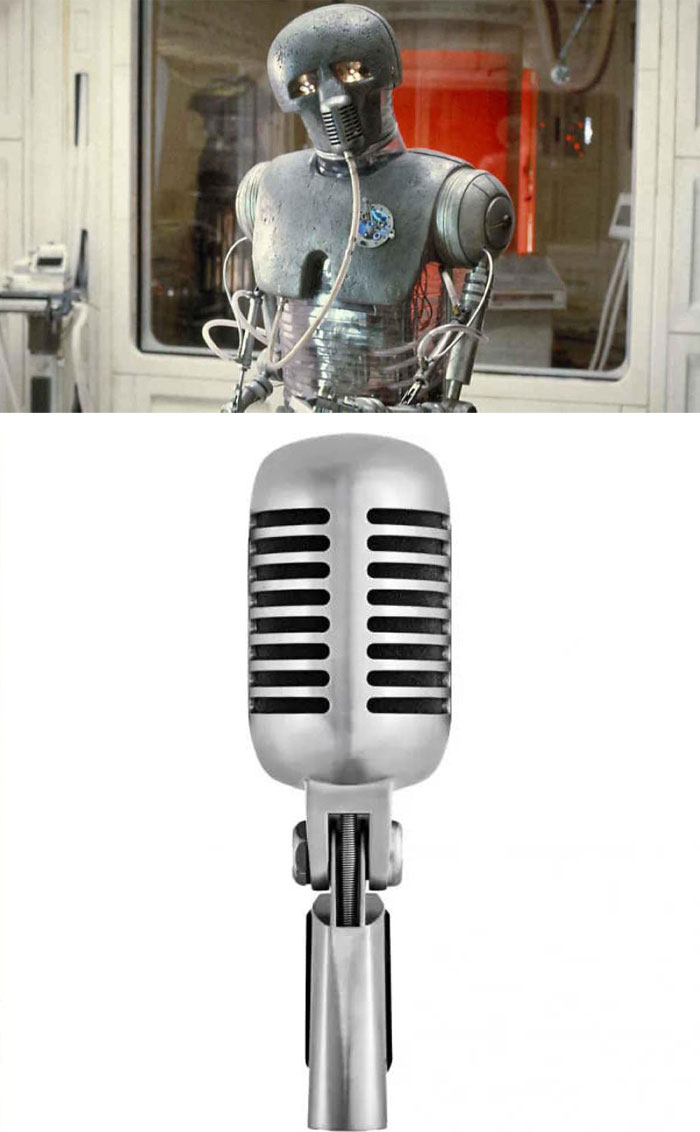 Creative filmmaker prop: a robot with a microphone as its head, showcasing inventive set design.