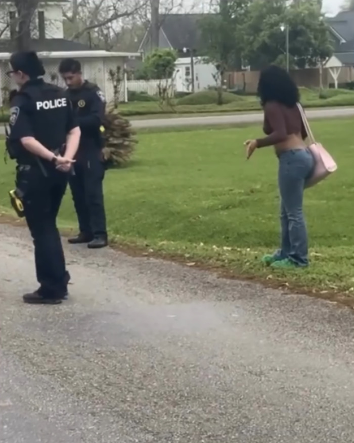 Police detain a Black woman on a residential street, while officers stand nearby with a subdued manner.