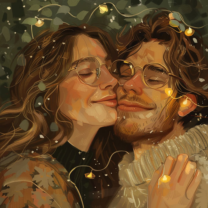 Couple in an illustrated portrait, close together, surrounded by string lights and greenery.
