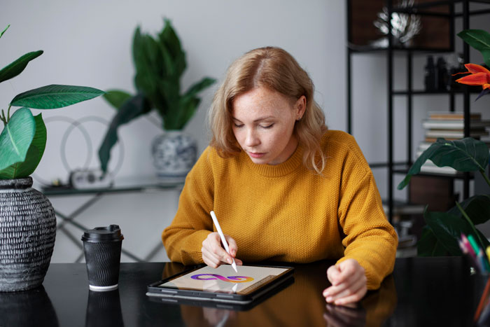 Woman drawing on tablet in yellow sweater, surrounded by plants, related to portrait art and AI topic.