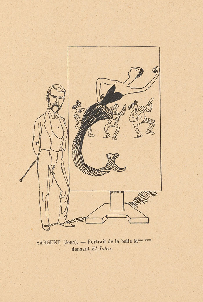 Line drawing of a man beside an artwork depicting a dancer, highlighting the "vulgar" nature of scandalous art.