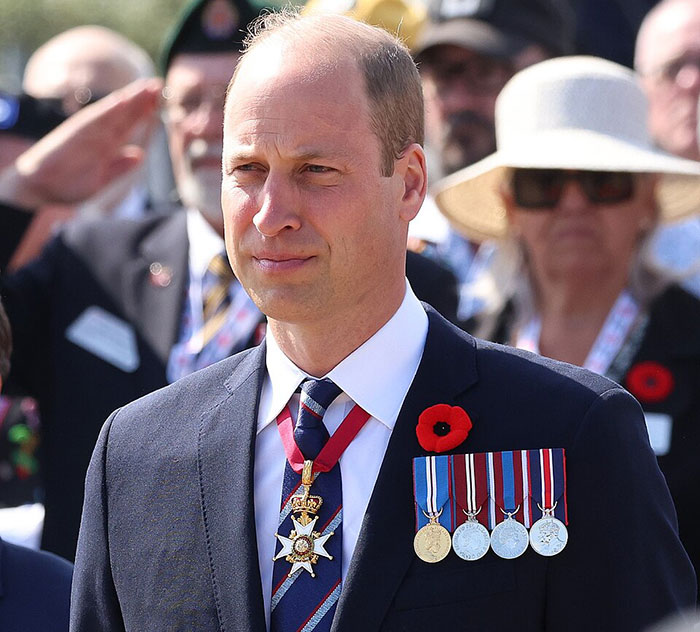 Prince William attending an event, wearing a suit with medals and a poppy, representing for King Charles.