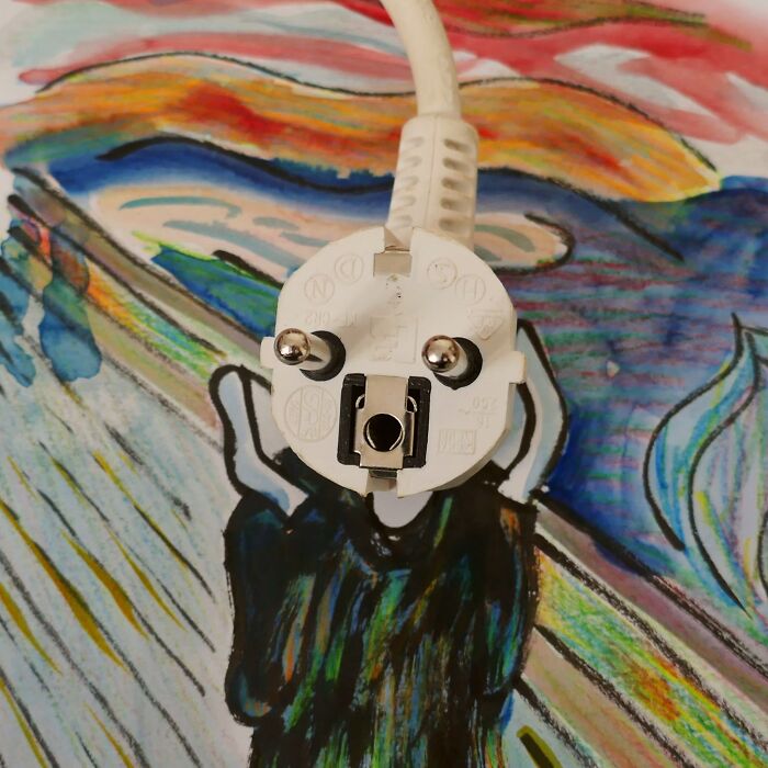 Electrical plug integrated into playful illustration by Romain Joly, mimicking the face in a famous painting.