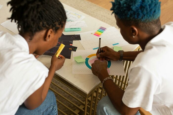 Two people collaborating on colorful charts and notes, focusing on productivity tips.