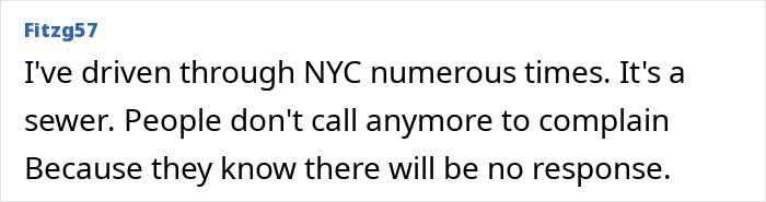 Comment highlights opinion on NYC's cleanliness and lack of response to complaints. Comment highlights opinion on NYC's cleanliness and lack of response to complaints.