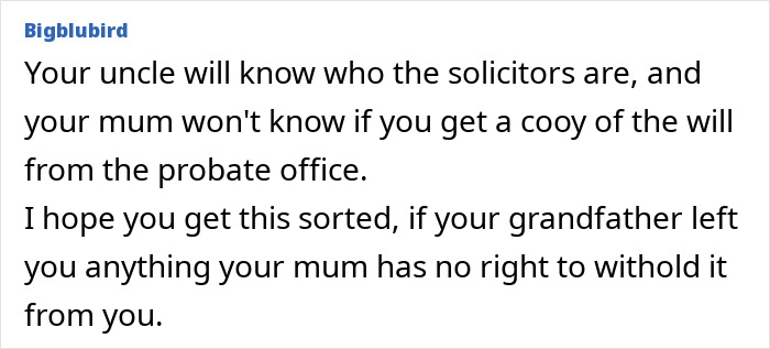 Comment discussing inheritance issues, mentioning solicitors, probate office, and resolving a will dispute with family.