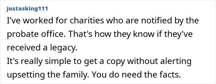 Text comment discussing getting notified about legacies by probate office, relating to moral inheritance decision.