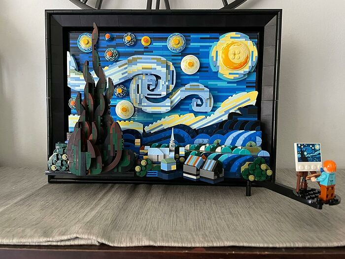 Lego model of Starry Night with miniature artist figure painting, one of the unique Amazon finds blending genius and curiosity.