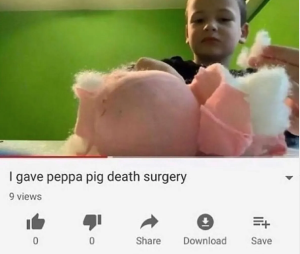 Child performing surgery on Peppa Pig toy, with only 9 views on the video, in a humorous Instagram post.