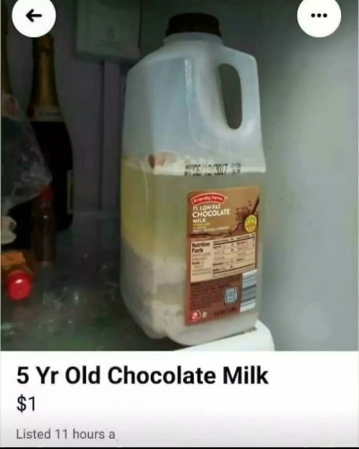 Humorous Instagram photo of a 5-year-old chocolate milk jug for sale at $1.