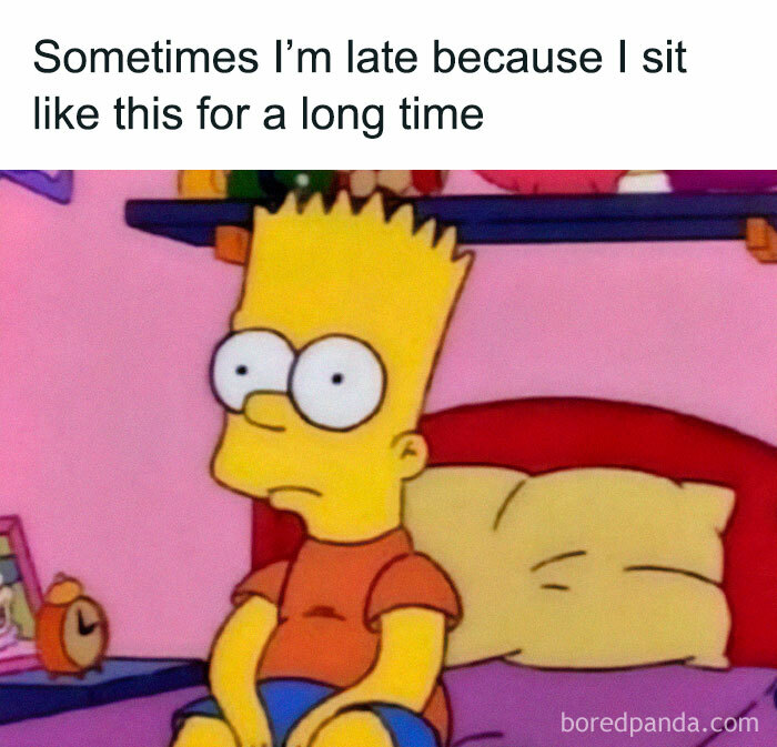 Cartoon character sitting on a bed with a blank stare and humorous caption. Relatable memes for a quick laugh.