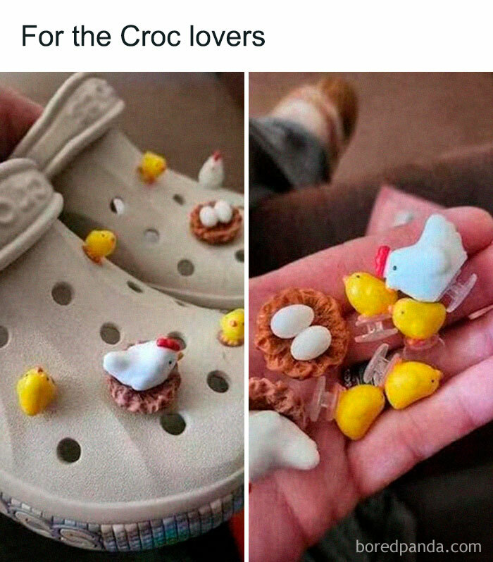 Crocs with chicken-themed charms and a hand holding tiny yellow chick charms, showcasing a random and relatable meme style.