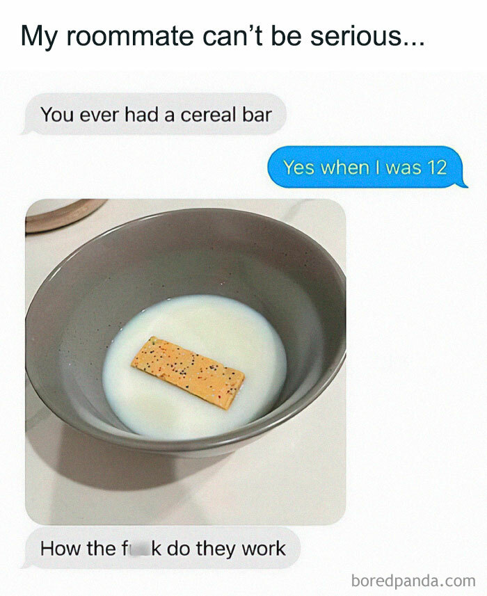 Text conversation meme with cereal bar in milk, highlighting relatable humor.